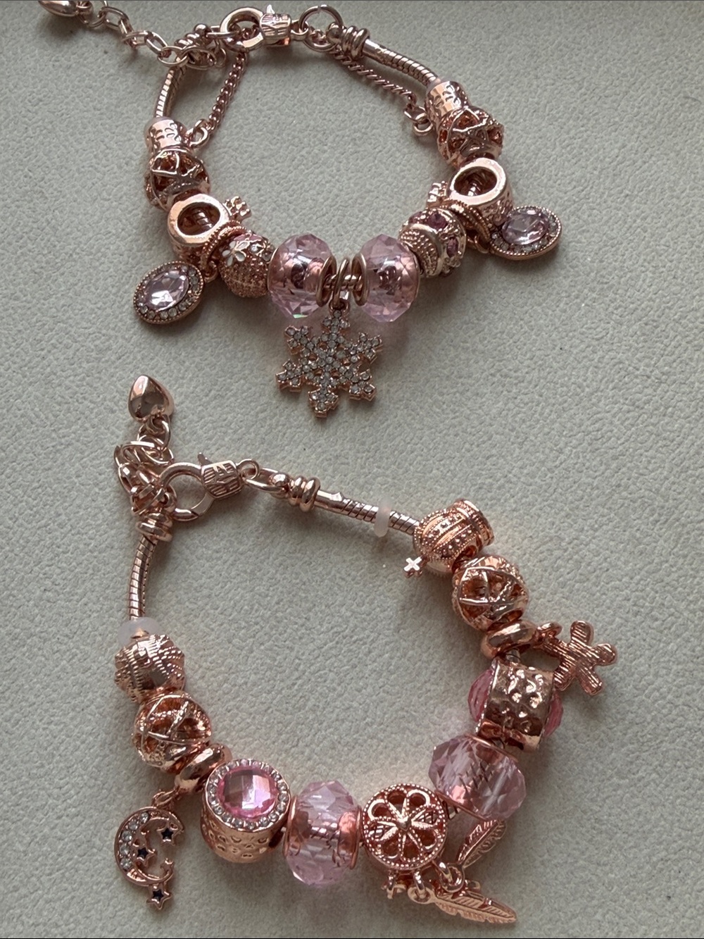 Rose Gold Charm Bracelet with Pink Crystal Beads BUNDLE OF 2 -Hypoallergenic